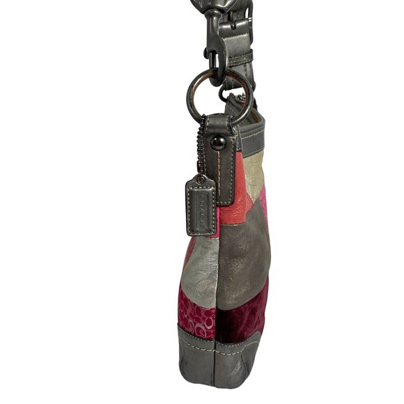 COACH Patchwork Silver Pink Signature Leather Suede F12863 Shoulder Bag + Tag - Picture 4 of 12